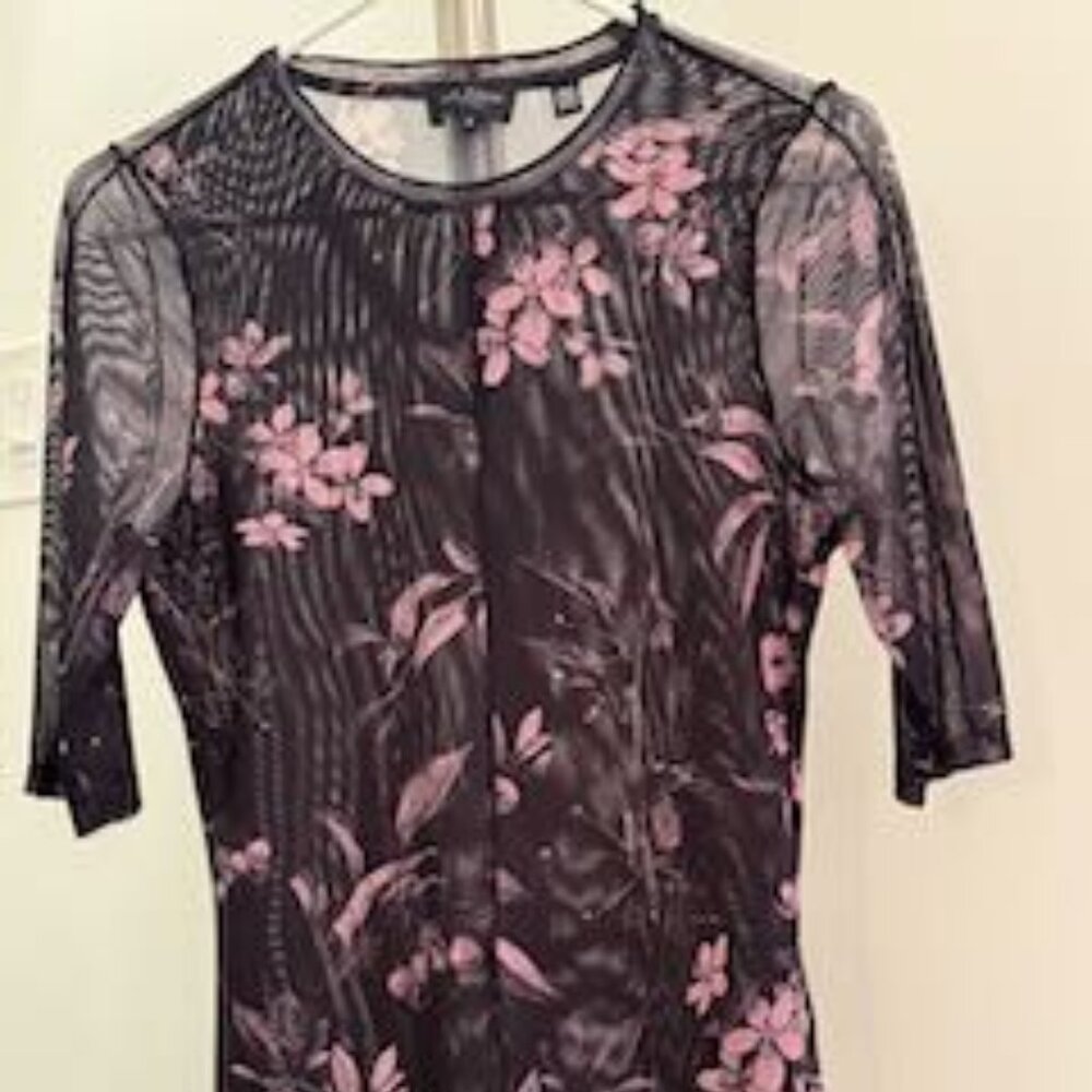 Ted Baker London Black Sheer Floral Mesh Bodysuit with Pink Flowers